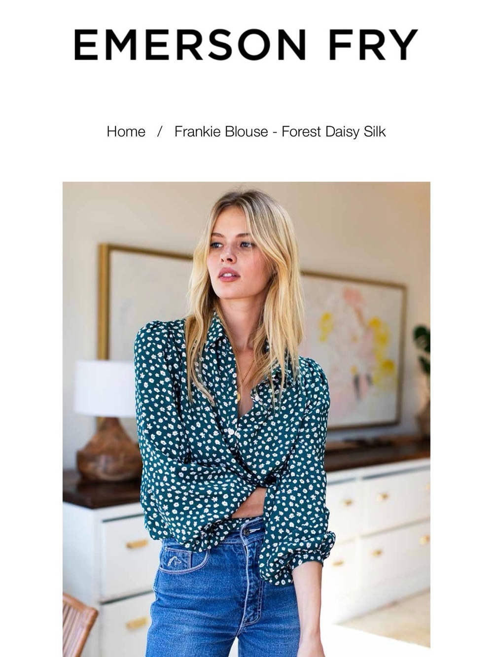 Emerson Fry silk Frankie Blouse in Green Daisy Print with removable tie sash.